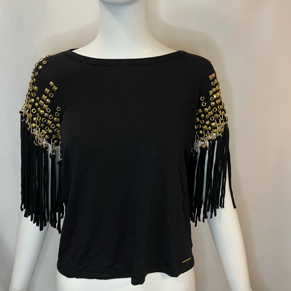 Michael Kors Black Fringe Top with Gold Stud Accents.